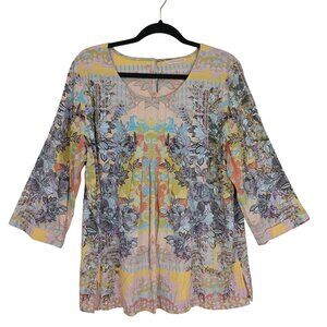 Soft Surroundings Womens Floral Print Tunic Top 3/4 Sleeve Multicolor Size L